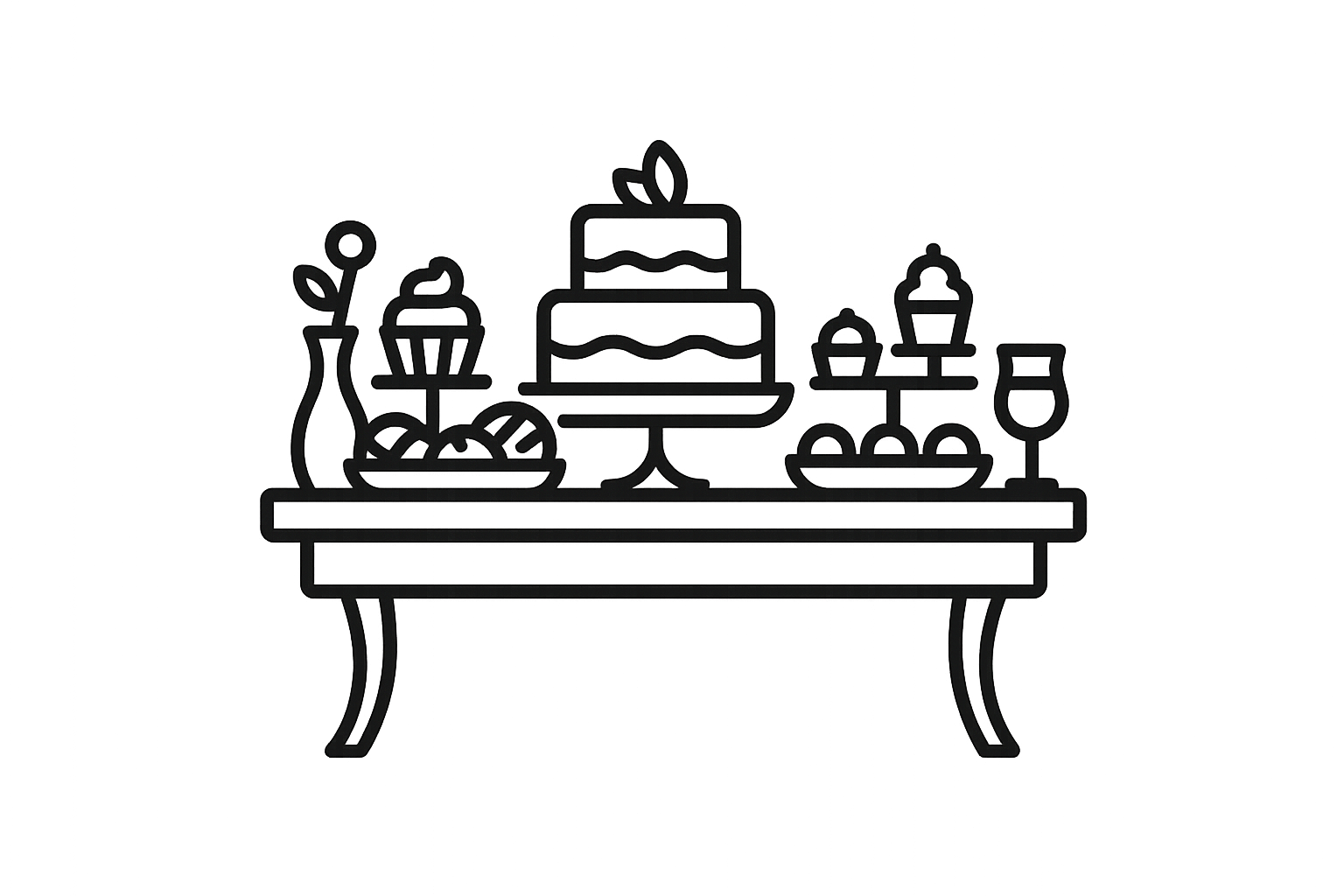  a party package ((dessert table)) icon that is black and white and transparent